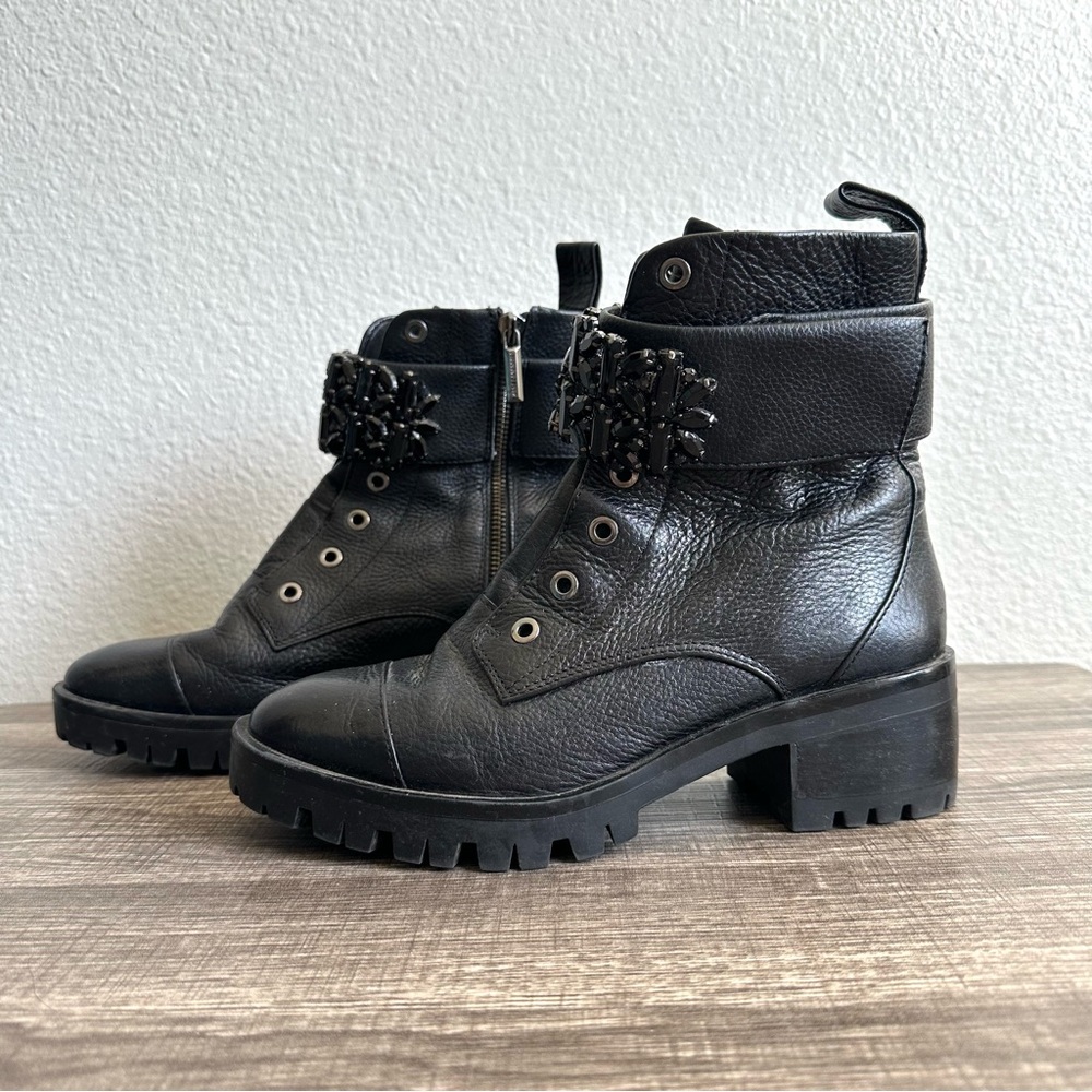 Karl Lagerfeld Paris Pippa Jeweled Black Strap Leather Combat Booties Size 6